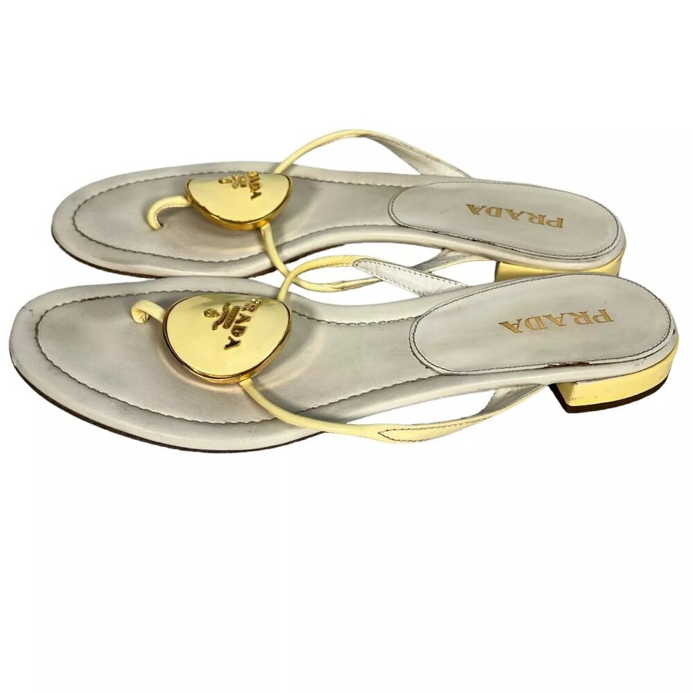 Prada Cream Enamel Logo Plaque Leather Flip Flop Sandals Size EU 40 Womens - Picture 8 of 16
